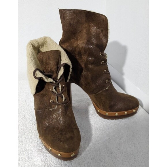 Michael Kors Ankle Bootie Heels Brown Women's Sz 8M Faux Fur Studded Boots - Picture 1 of 10